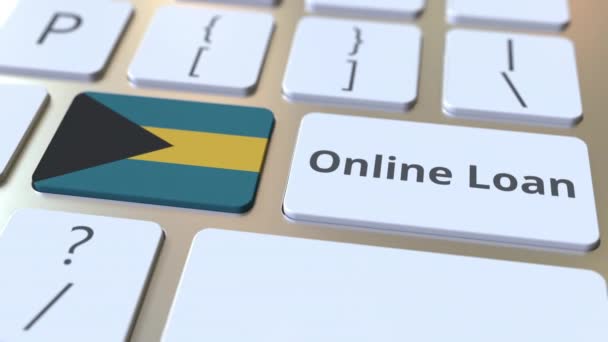 Çevrimiçi kredi metni ve Bahamalar bayrağı klavyede. Modern krediyle ilgili kavramsal 3D animasyon — Stok video