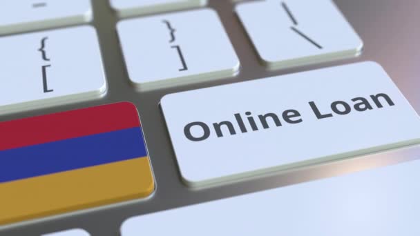 Text úvěru online a vlajka Arménie na klávesnici. Moderní úvěrová koncepční 3D animace — Stock video