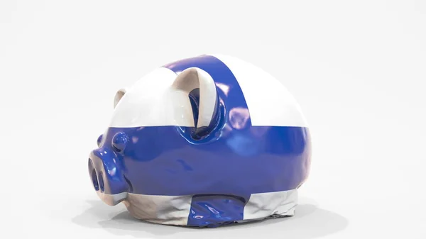 Deflating alcancía inflable con bandera de Finlandia. Renderizado 3D conceptual relacionado con la crisis financiera finlandesa — Foto de Stock