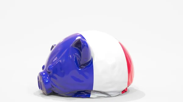 Tirelire gonflable dégonflable avec drapeau de France. Crise financière française liée au rendu 3D conceptuel — Photo