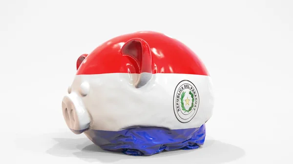 Deflating o banco inflável do porquinho com bandeira impressa de Paraguai. Crise financeira paraguaia relacionada renderização 3D conceitual — Fotografia de Stock