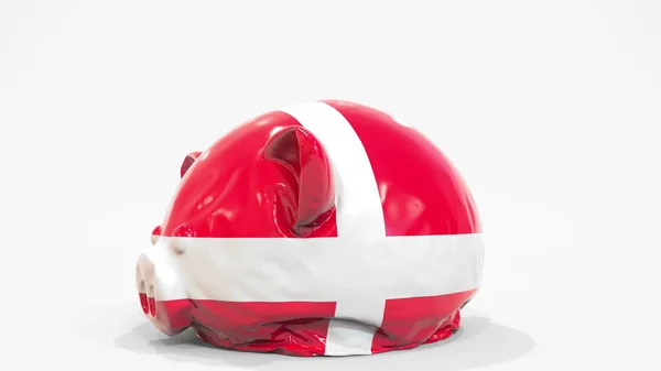 用印制的丹麦国旗拆开充气储蓄罐。丹麦金融危机相关概念3D渲染 — 图库照片