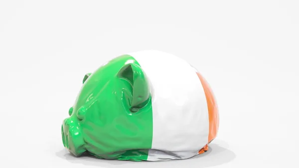 用爱尔兰国旗拆掉充气储蓄罐。爱尔兰金融危机相关概念3D渲染 — 图库照片