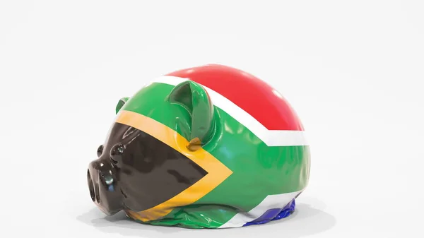 Deflating alcancía inflable con bandera de Sudáfrica. Renderizado 3D conceptual relacionado con la crisis financiera nacional —  Fotos de Stock