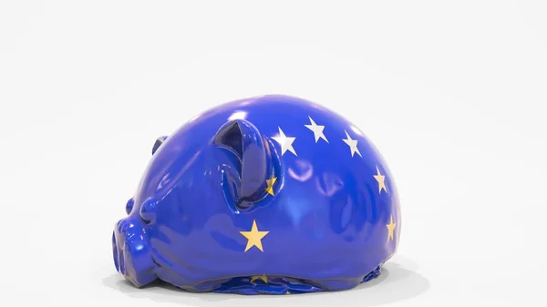 用欧盟的国旗拆掉充气储蓄罐。欧洲金融危机相关概念3D渲染 — 图库照片