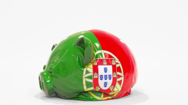 用印着葡萄牙国旗的充气储蓄罐去壳。葡萄牙金融危机相关概念3D渲染 — 图库照片