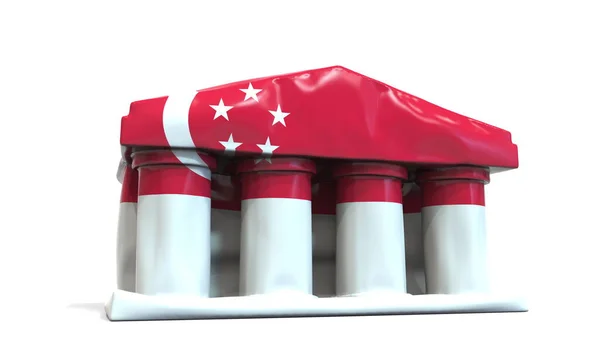 Deflating o banco inflável ou o edifício do governo com bandeira impressa de Singapura. Cingapura crise econômica ou política relacionada 3D conceitual renderização — Fotografia de Stock