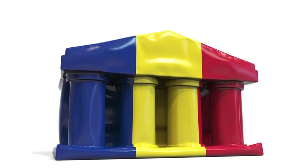 Odpompowywanie nadmuchiwanego budynku banku lub rządu z drukowaną flagą Rumunii. Rumuński kryzys gospodarczy lub polityczny związany z konceptualnym renderowaniem 3D — Zdjęcie stockowe