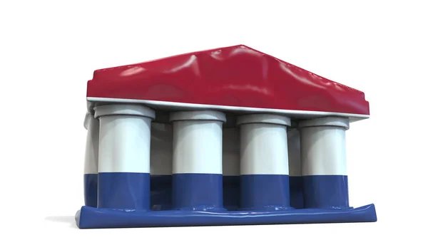 Deflating banco inflable o edificio del gobierno con bandera impresa de los Países Bajos. Renderización conceptual 3D relacionada con la crisis económica o política nacional —  Fotos de Stock