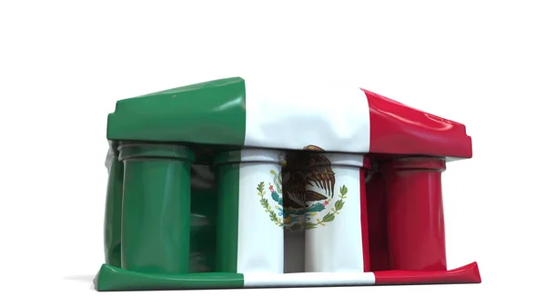 Deflating inflable bank or government building with printed flag of México. Representación conceptual 3D relacionada con crisis económica o política mexicana — Foto de Stock