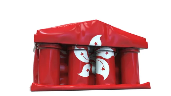 Deflating banco inflable o edificio del gobierno con bandera impresa de Hong Kong. Renderizado 3D conceptual relacionado con crisis económica o política — Foto de Stock