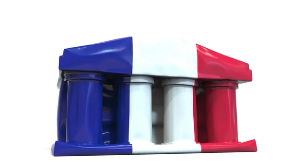 Deflating banco inflável ou edifício do governo com bandeira impressa de França. Renderização 3D conceitual relacionada à crise econômica ou política francesa — Fotografia de Stock
