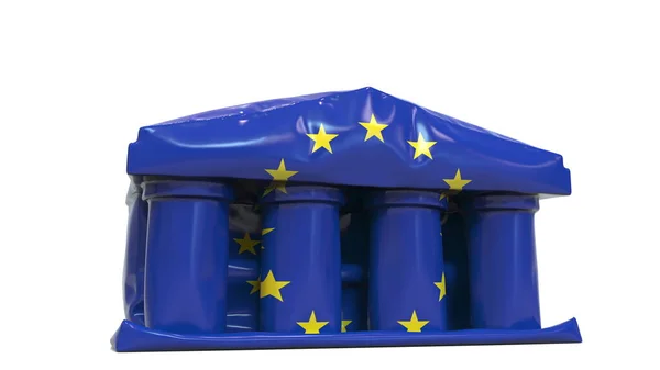 Odpompowywanie nadmuchiwanego budynku banku lub rządu z drukowaną banderą UE. Europejski kryzys gospodarczy lub polityczny związany z koncepcyjnym renderowaniem 3D — Zdjęcie stockowe