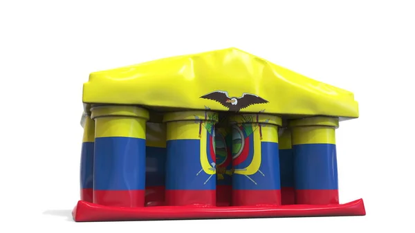 Deflating inflable bank or government building with printed flag of Ecuador. Representación conceptual 3D relacionada con crisis económica o política ecuatoriana — Foto de Stock