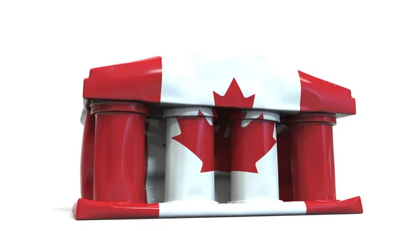 Dégonfler la banque gonflable ou l'édifice du gouvernement avec le drapeau imprimé du Canada. Crise économique ou politique au Canada rendu 3D conceptuel — Photo