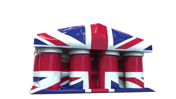 Deflerande uppblåsbar bank eller regeringsbyggnad med Storbritanniens tryckta flagga. Brittisk ekonomisk eller politisk krisrelaterad konceptuell 3D-återgivning — Stockfoto