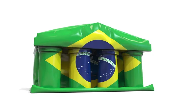 Deflating o banco inflável ou o edifício do governo com bandeira impressa de Brasil. Crise econômica ou política brasileira relacionada à renderização 3D conceitual — Fotografia de Stock