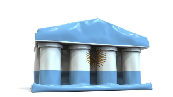 Deflating banca gonfiabile o edificio governativo con bandiera stampata dell'Argentina. Crisi economica o politica argentina resa concettuale 3D — Foto Stock