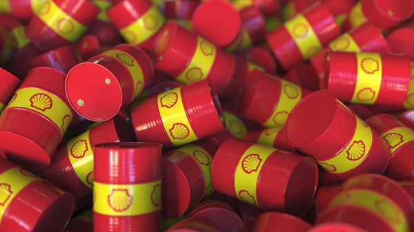 Muchos tambores de acero o barriles industriales con el logotipo de Royal Dutch Shell, representación 3D editorial —  Fotos de Stock
