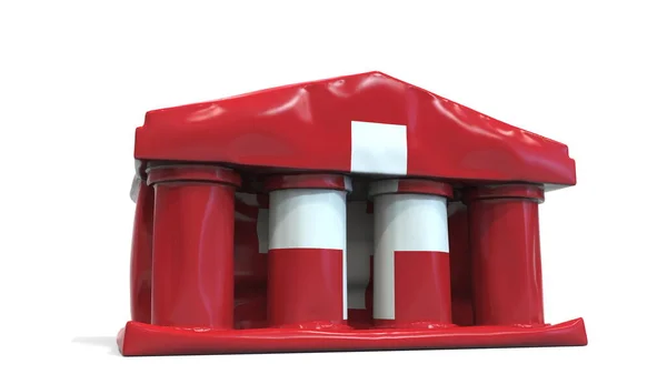 Deflating banco inflable o edificio del gobierno con la bandera impresa de Suiza. Representación conceptual 3D relacionada con la crisis económica o política suiza —  Fotos de Stock