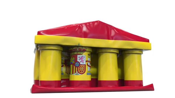 Odpompowywanie nadmuchiwanego budynku banku lub rządu z drukowaną flagą Hiszpanii. Hiszpański kryzys gospodarczy lub polityczny związany z konceptualnym renderowaniem 3D — Zdjęcie stockowe