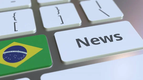 Novinový text a vlajka Brazílie na klávesnici počítače. Národní online média související konceptuální 3D vykreslování — Stock fotografie