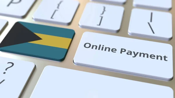 Text platby online a vlajka Baham na klávesnici. Moderní koncepční 3D vykreslování související s financemi — Stock fotografie
