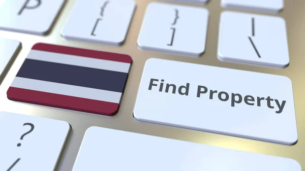 Buscar texto de la propiedad y la bandera de Tailandia en el teclado. Servicio inmobiliario en línea relacionado con la renderización 3D conceptual —  Fotos de Stock