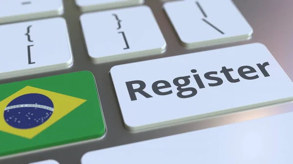 Register text and flag of Brazil on the keyboard. Online services related 3D rendering — Stock Photo, Image