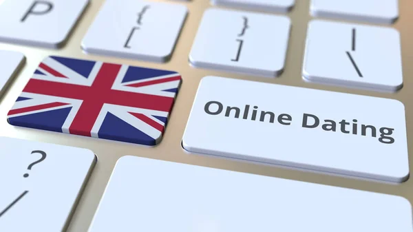 Online Dejting text och flagga för Storbritannien på tangentbordet. Begreppsmässig 3D-rendering — Stockfoto