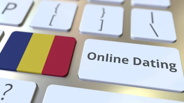 Текст онлайн датування та прапор Румунії на клавішних. Концептуальний 3D-рендеринг — стокове фото