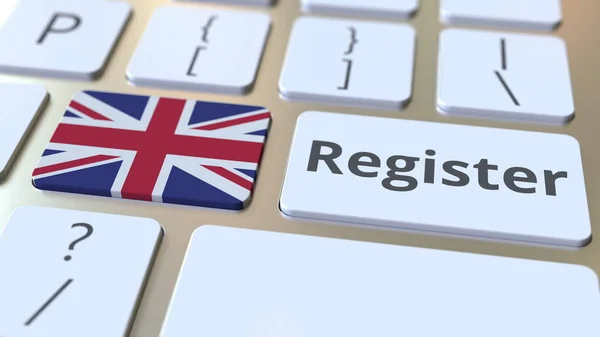 Registrovat text a vlajku Velké Británie na klávesnici. 3D vykreslování související se službami online — Stock fotografie