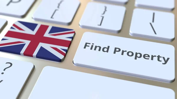 Encuentra texto de la propiedad y la bandera de Gran Bretaña en el teclado. Servicio inmobiliario en línea relacionado con la renderización 3D conceptual — Foto de Stock