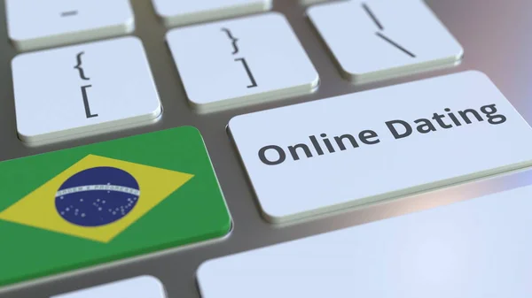 网上约会文本和巴西国旗在键盘上。概念三维渲染 — 图库照片