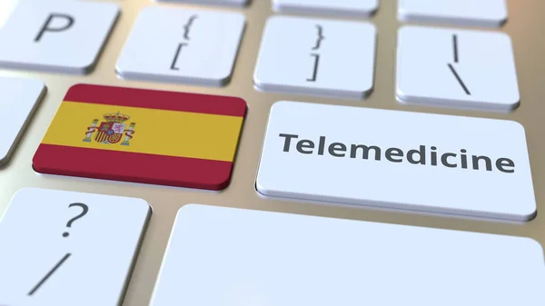 Texte de télémédecine et drapeau de l'Espagne sur le clavier de l'ordinateur. Services médicaux à distance rendu 3D conceptuel lié — Photo