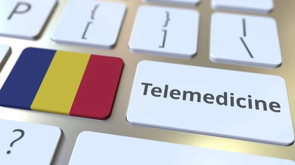 Text telemedicíny a vlajka Rumunska na klávesnici počítače. Vzdálené lékařské služby související konceptuální 3D vykreslování — Stock fotografie