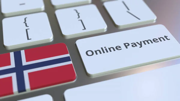 Online Payment κείμενο και σημαία της Νορβηγίας στο πληκτρολόγιο. Σύγχρονη χρηματοοικονομική σχετική εννοιολογική 3D απόδοση — Φωτογραφία Αρχείου