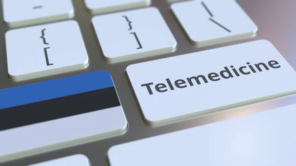 Τηλεϊατρικό κείμενο και σημαία της Εσθονίας στο πληκτρολόγιο του υπολογιστή. Απομακρυσμένη ιατρική υπηρεσία σχετική εννοιολογική 3D απόδοση — Φωτογραφία Αρχείου