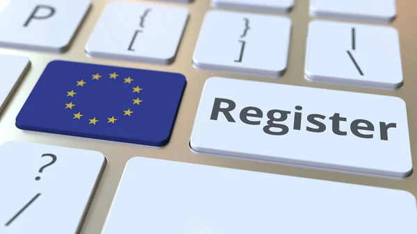 Zarejestruj tekst i flagę Unii Europejskiej na klawiaturze. Usługi online związane z renderowaniem 3D — Zdjęcie stockowe
