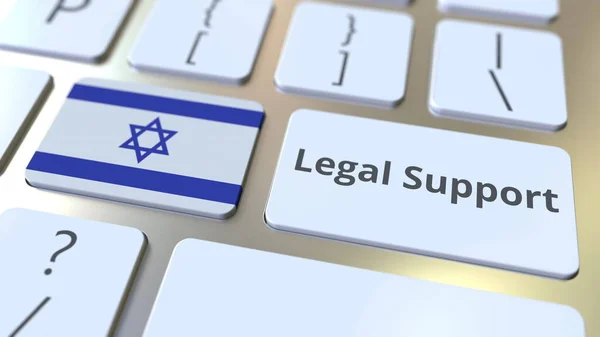 Soporte Legal texto y bandera de Israel en el teclado de la computadora. Servicio legal en línea relacionado con la prestación 3D — Foto de Stock