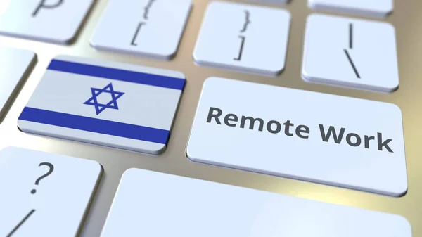 Zdalna praca tekst i flaga Izraela na klawiaturze komputera. Telekomunikacja lub telepraca związana z koncepcyjnym renderowaniem 3D — Zdjęcie stockowe