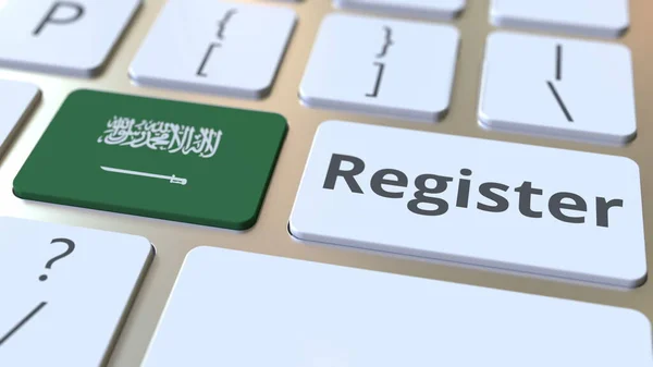 Registrar texto e bandeira da Arábia Saudita no teclado. Serviços online relacionados com renderização 3D — Fotografia de Stock