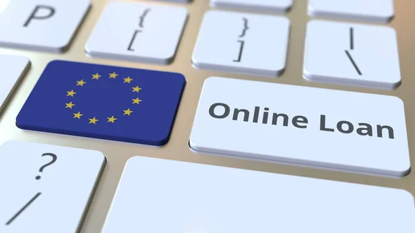 Online Låna text och flagga Europeiska unionen på tangentbordet. Modern kreditrelaterad konceptuell 3D-rendering — Stockfoto