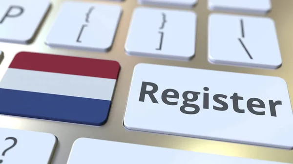Registra testo e bandiera dei Paesi Bassi sulla tastiera. Servizi online relativi al rendering 3D — Foto Stock