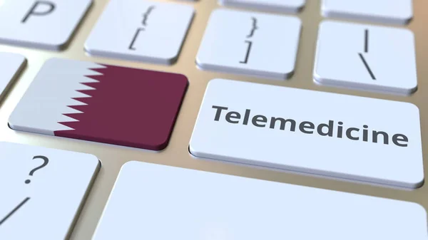컴퓨터 키보드로 카타르의 문자와 깃발을 전송하는 것입니다. 원격 의료 서비스는 개념 3D 렌더링 과 관련 이 있습니다. — 스톡 사진