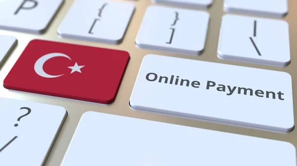 Online-Zahlung Text und Flagge der Türkei auf der Tastatur. Modernes finanzierungsbezogenes konzeptionelles 3D-Rendering — Stockfoto