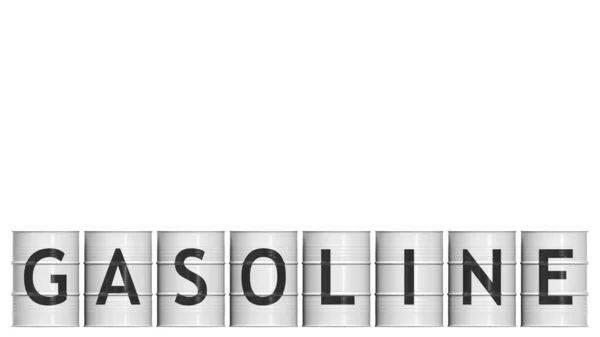 Stalowe bębny lub beczki z tekstem GASOLINE, konceptualne renderowanie 3D — Zdjęcie stockowe