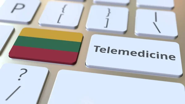 Text telemedicíny a vlajka Litvy na klávesnici počítače. Vzdálené lékařské služby související konceptuální 3D vykreslování — Stock fotografie