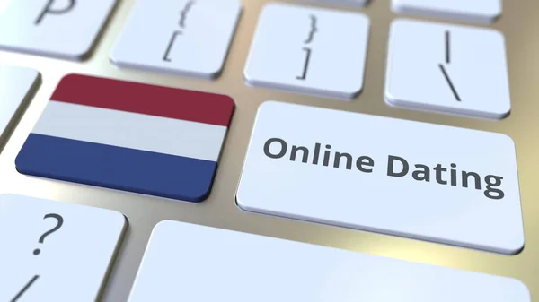 Текст онлайн-датування та прапор Нідерландів на клавішних. Концептуальний 3D-рендеринг — стокове фото