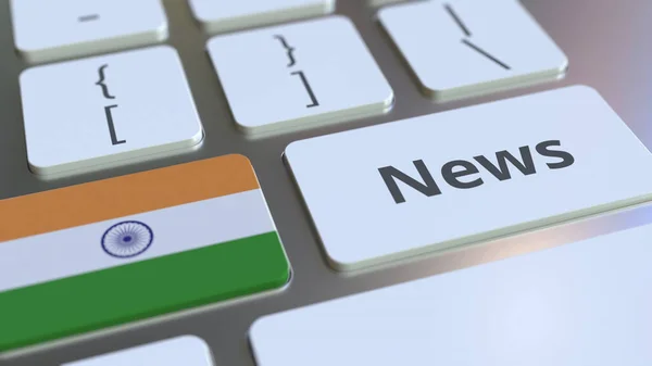 ข้อความข่าวและธงของอินเดียบนคีย์บอร์ดคอมพิวเตอร์ สื่อออนไลน์แห่งชาติที่เกี่ยวข้องกับการนําเสนอแนวคิด 3D — ภาพถ่ายสต็อก